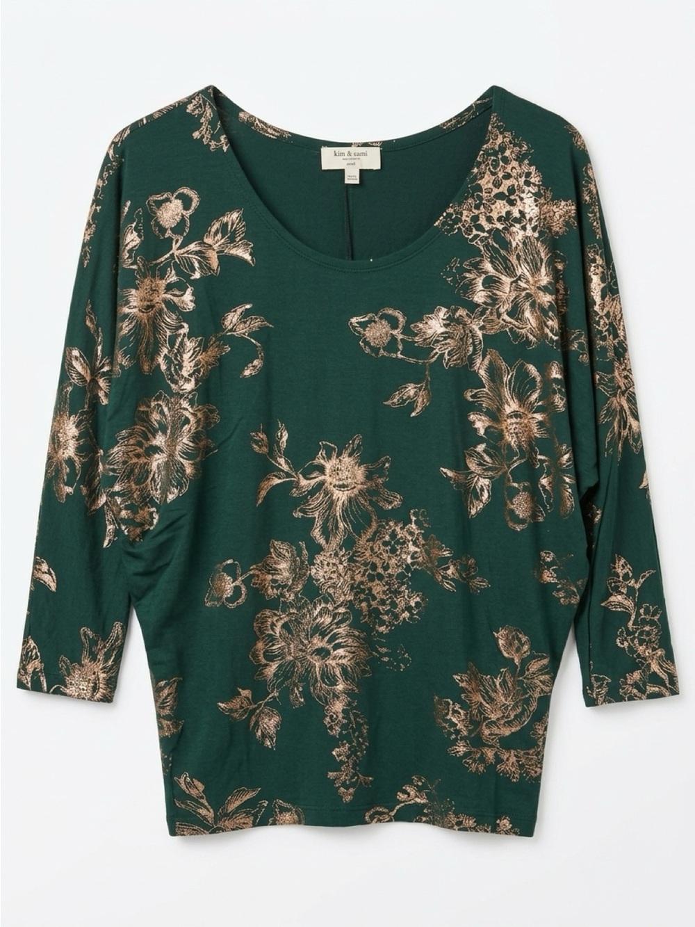kim & cami Green Floral Metallic-Print Scoop Neck Top